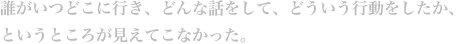 誰がいつどこに行き、どんな話をして、どういう行動をしたか、というところが見えてこなかった