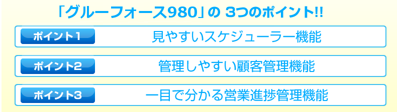 グルーフォース980 の３つのポイント！見やすいスケジューラー機能／管理しやすい顧客管理機能／一目で分かる営業進捗管理機能